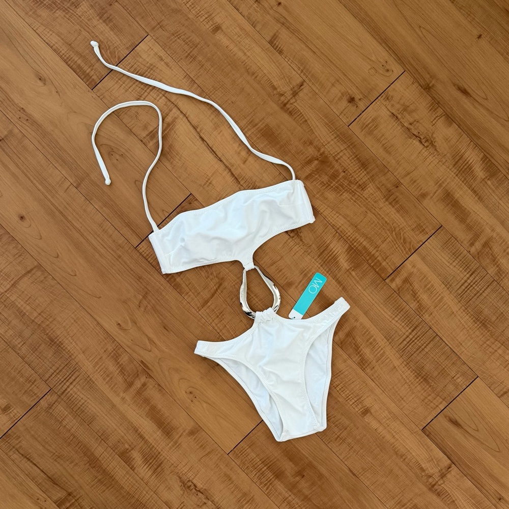 Melissa Odabash Chloe White Cutout Monokini Bikini with Silver Ring Accent